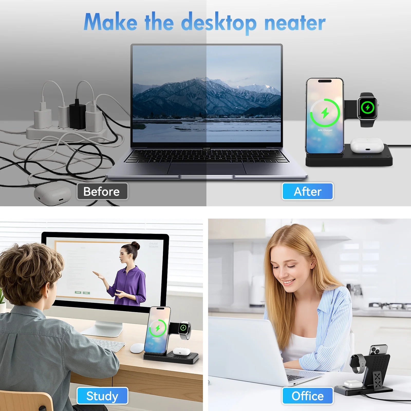 Wireless Charger,15W Wireless Charging Station Compatible with Iphone 17 16 15 14 13 12 11 8 Pro Max Mini plus X XR XS Max SE Plus,For Iwatch 10 9 8 7 6 5 4 3 2 SE Ultra,For Airpods 4 3 2